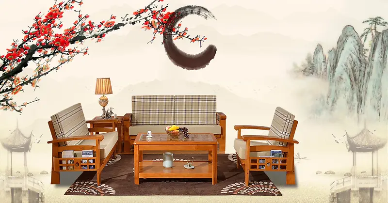 中国风梅花水墨山水中式家具海报背景素材