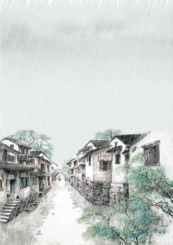 江南小镇雨天背景素材