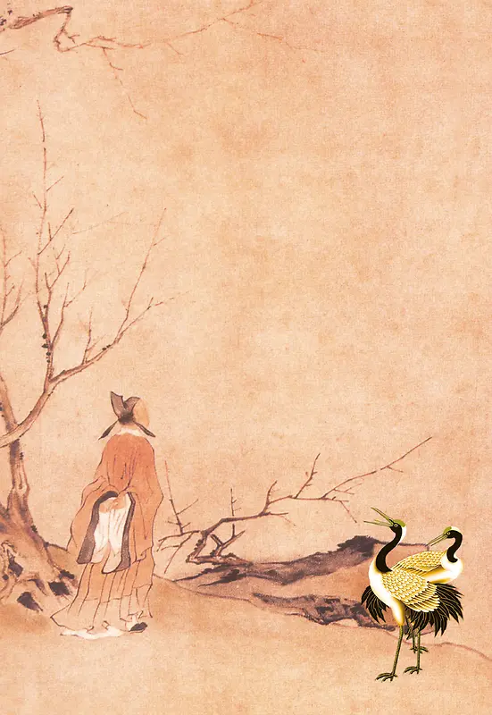 中国风诗人飞鹤米黄色背景素材