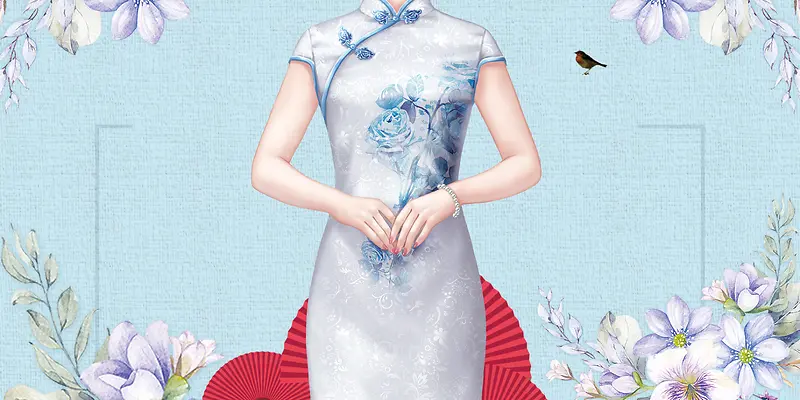 花卉唯美复古旗袍艺术宣传海报背景素材