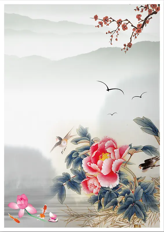 中国风工笔牡丹花开素雅背景