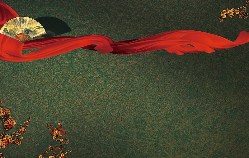 中国风古典花纹红丝绸绣花折扇背景素材
