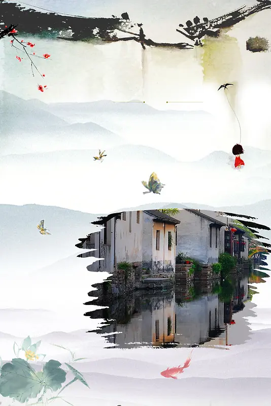 中国风水墨意境乌镇旅游海报背景素材