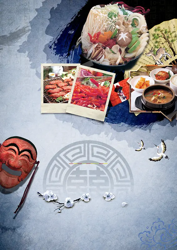 中国风面具烤肉年糕蓝色背景素材