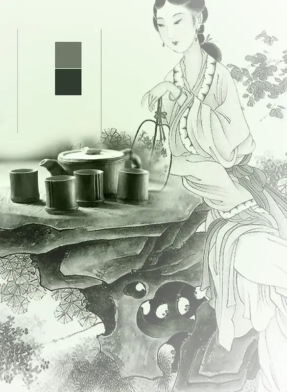 中国风淡雅茶文化古典仕女图背景素材