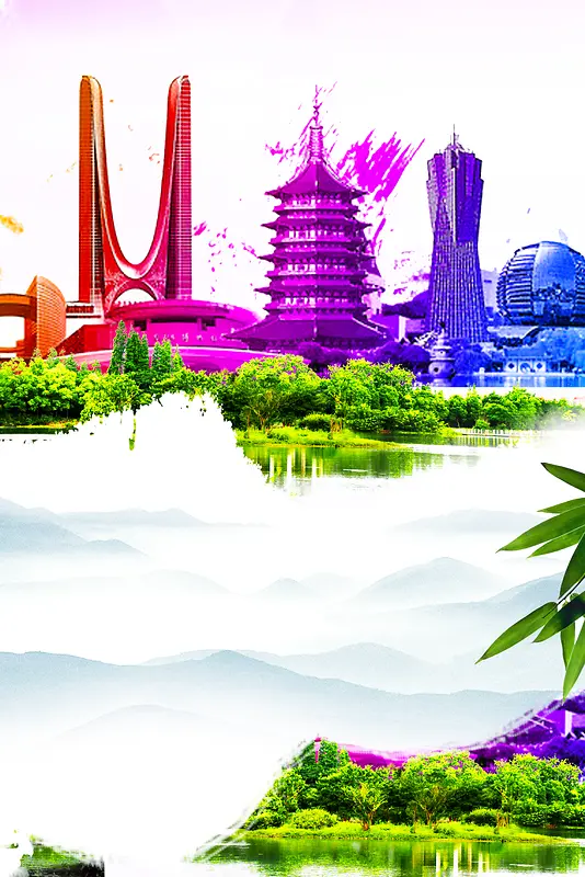 彩绘杭州建筑杭州旅游海报背景素材