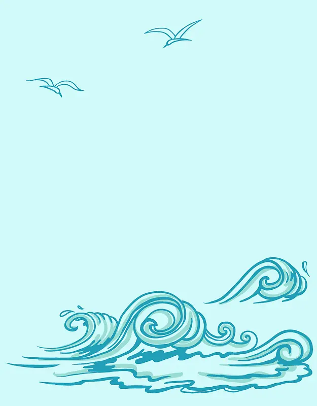 矢量手绘蓝色海洋海水纹海鸥背景