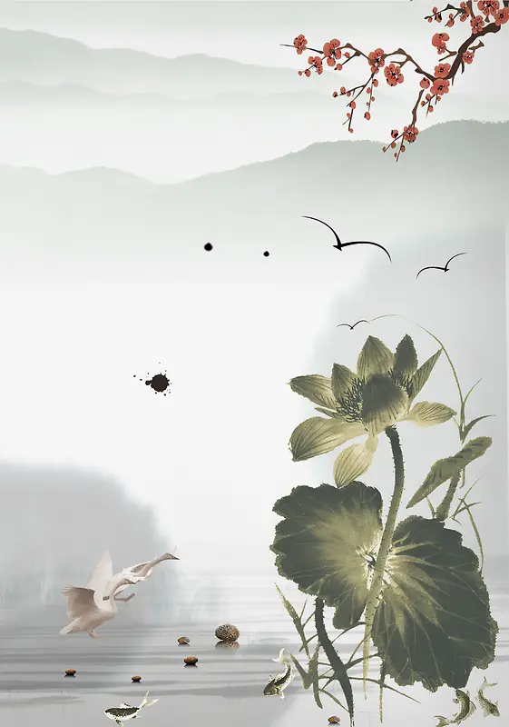 中国风水墨山水荷叶背景