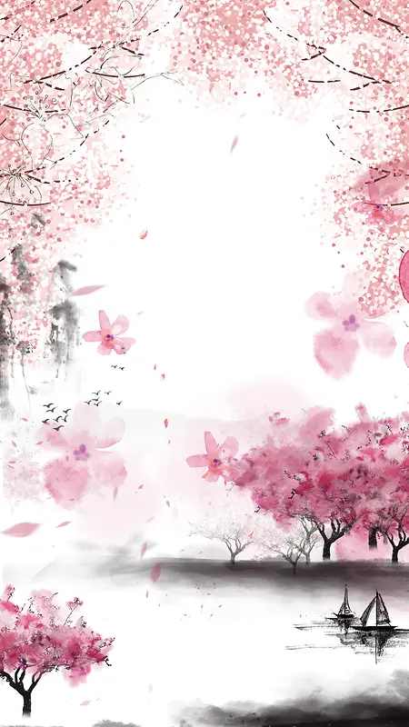 浪漫梦幻的十里桃花和高山H5背景