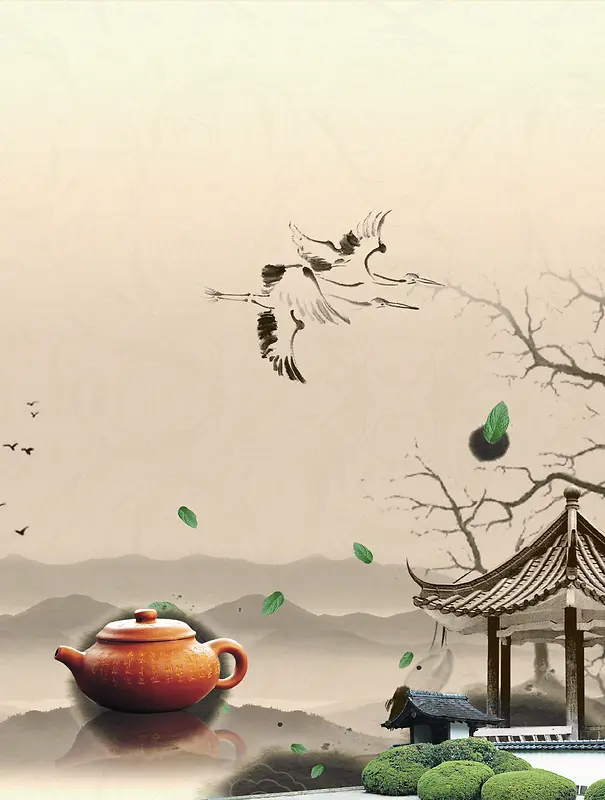 水墨淡雅春茶品茶茶人生海报背景素材