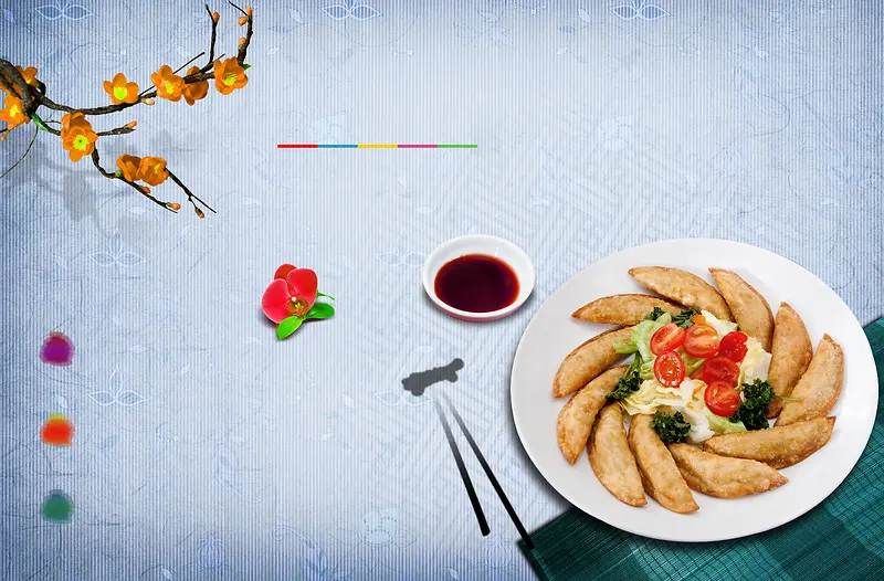 中国风饺子醋鲜花树枝蓝色背景素材