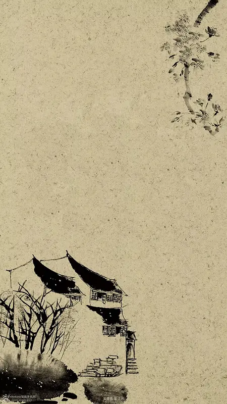 米色中国风水墨画房子H5背景素材