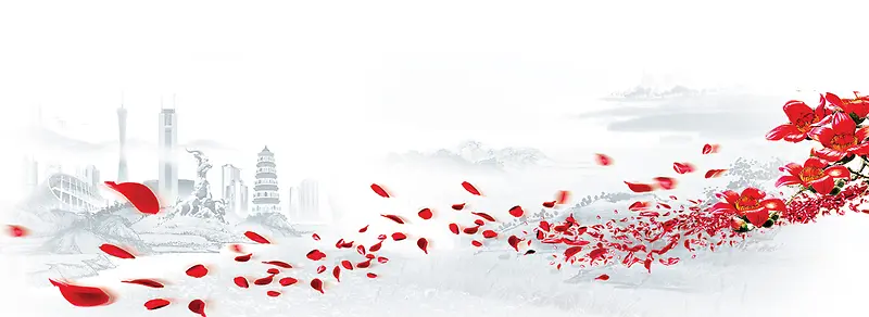 红色花瓣中国风水墨海报banner