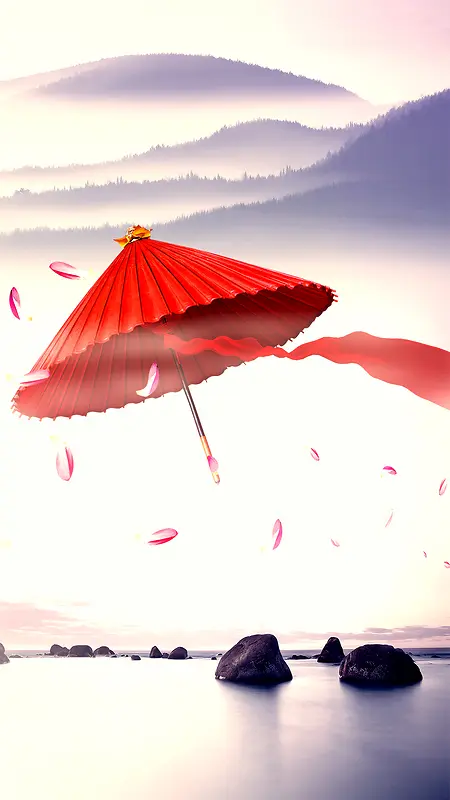 红色纸伞中国风PSD分层H5背景素材
