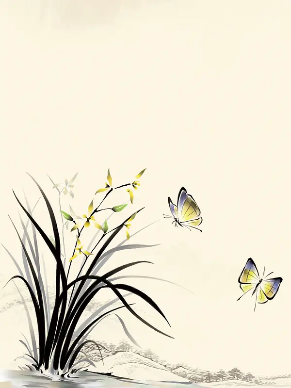 中国风手绘国画兰花蝴蝶
