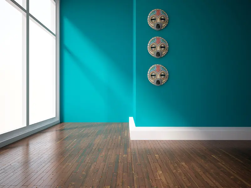 落地窗木地板与蓝色的墙壁背景素材