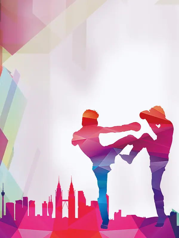 彩色质感建筑剪影跆拳道海报背景素材