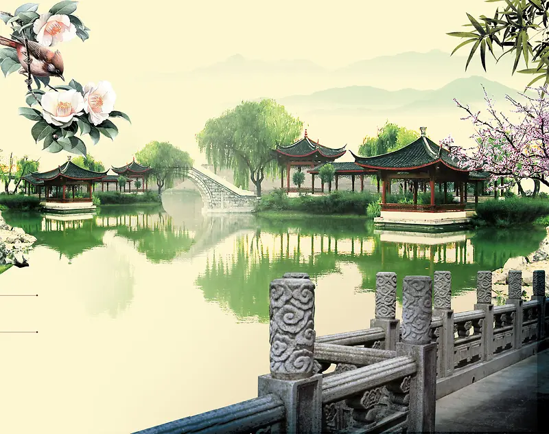 中国风长廊边上的江南风景房地产背景素材