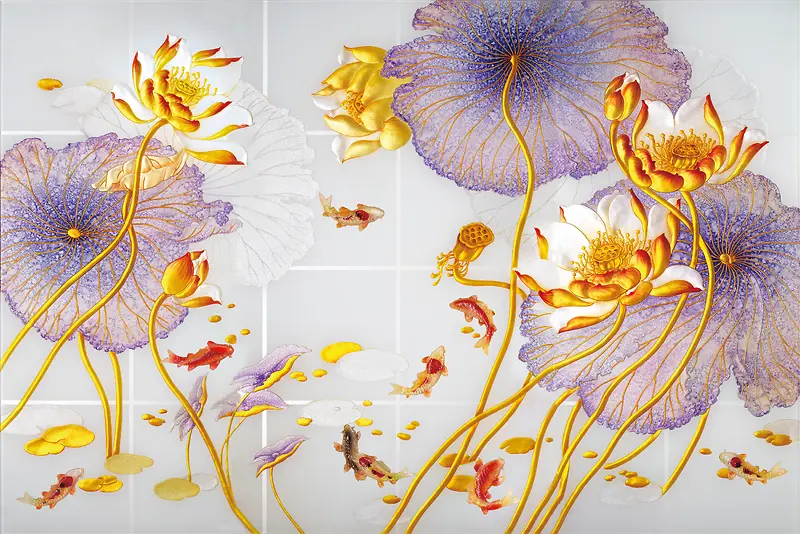 中国风中式荷花莲蓬彩色浮雕背景素材