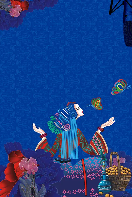 蓝色少数民族蜡染传统工艺海报背景素材