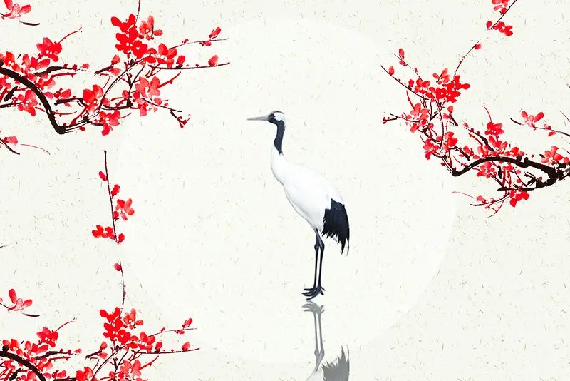 中国风水墨驻立在梅花中的仙鹤背景素材