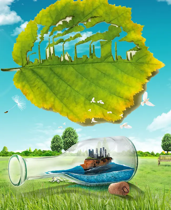创意绿叶漂流瓶地球日宣传海报背景素材