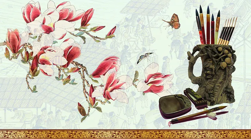 中国风古典水墨笔墨纸砚背景素材