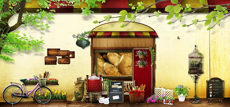 淘宝复古面包店绿色多元素海报背景