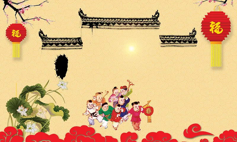中国风古代建筑下的孩童春节背景素材