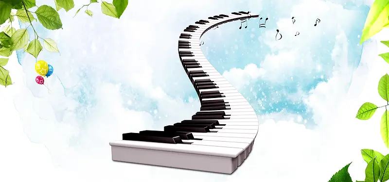 淘宝卡通音乐树叶蓝色天空钢琴键盘海报