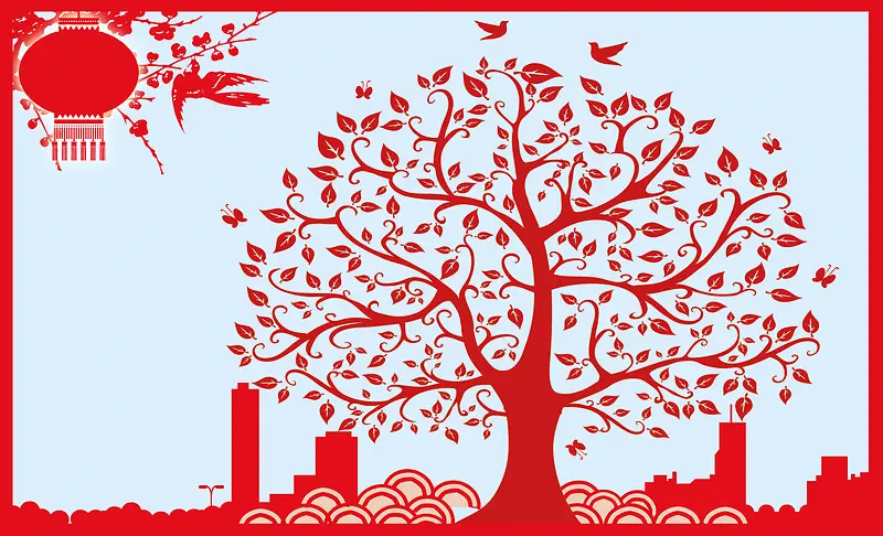 中式大树灯笼剪纸春节背景素材