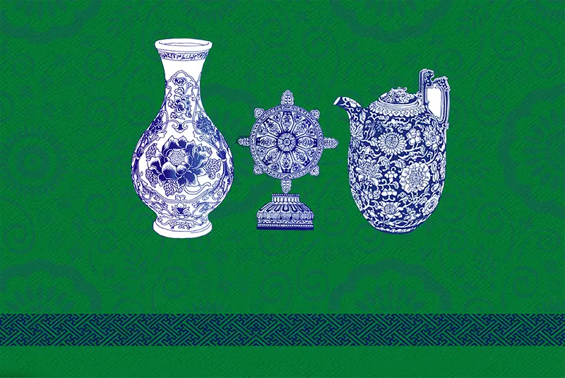 中国风古典青花瓷绿色背景素材