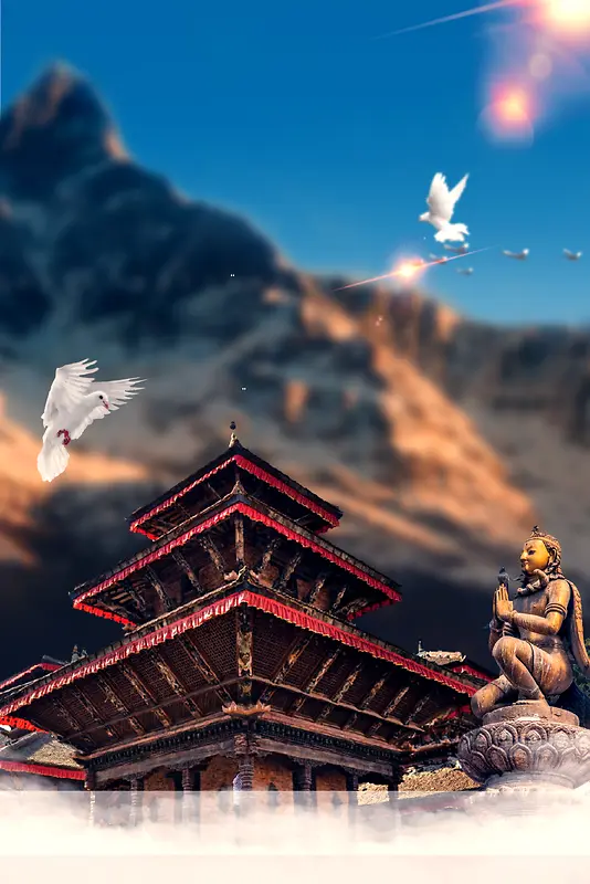 蓝色唯美尼泊尔建筑旅游海报背景