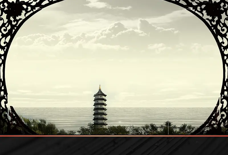 中国风中式花格里的古塔背景素材