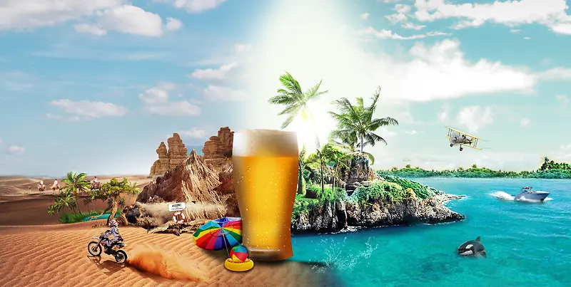蓝天创意广告风景沙漠海滩啤酒背景素材