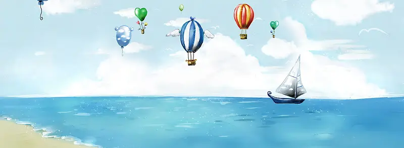 卡通热气球海滩唯美背景banner