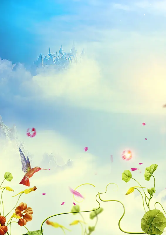 梦幻蜂鸟牵牛花天空城堡化妆品广告背景
