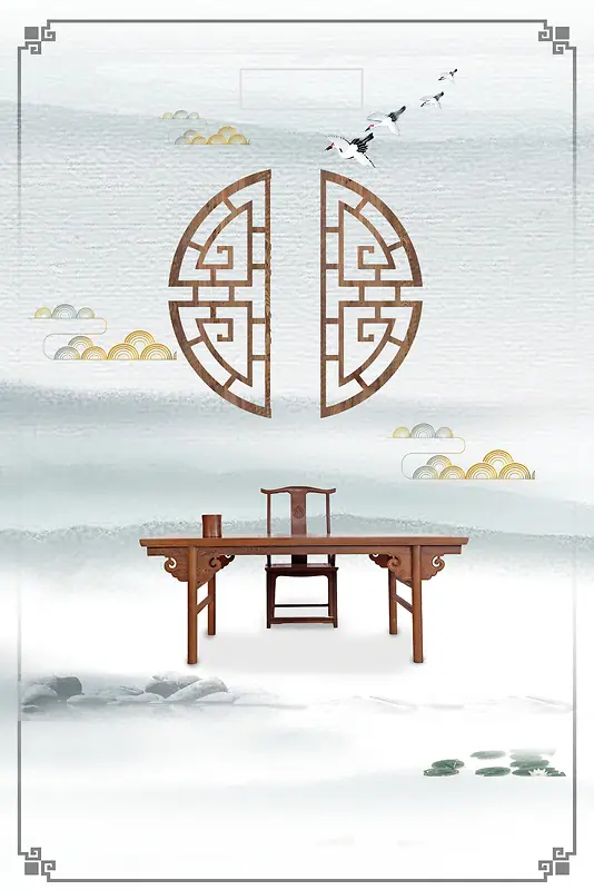 中国风矢量水墨古典家具背景素材