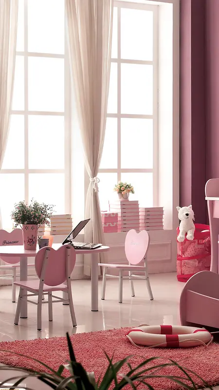 温馨粉色儿童房飘窗H5背景素材