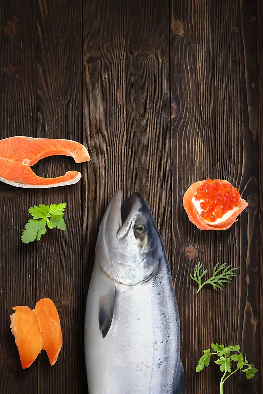 木纹背景三文鱼日本料理海报背景素材