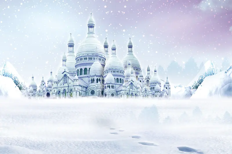 梦幻雪中的欧式古堡背景素材