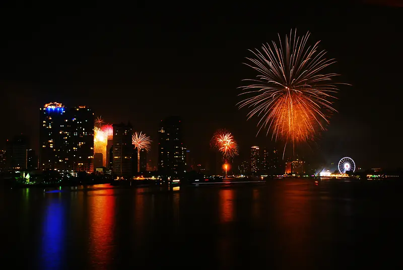 江边美丽的烟花绽放的夜景