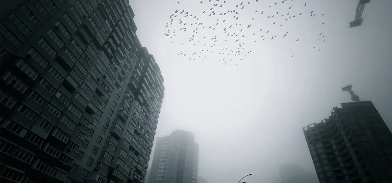 雾霾冬季城市黑白灰色调天空海报背景