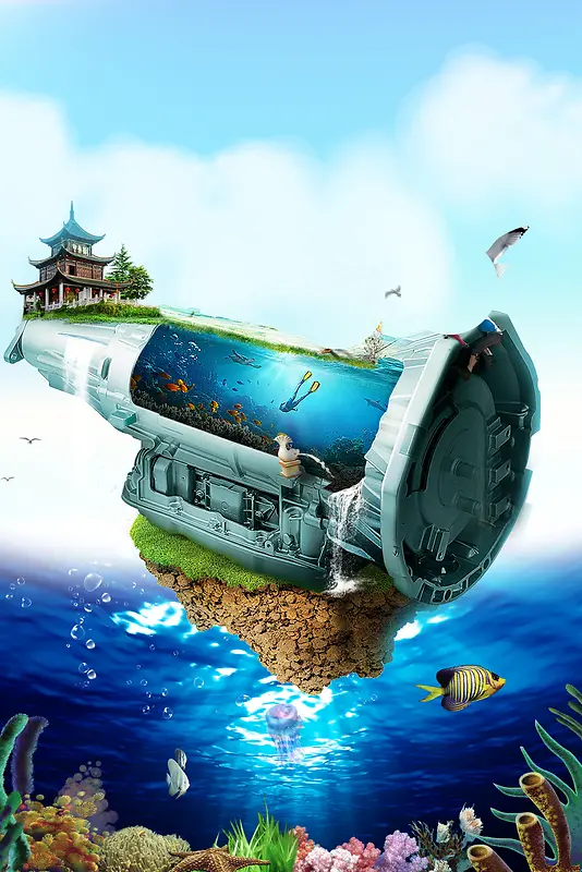 创意海洋文化节总动员海报背景素材