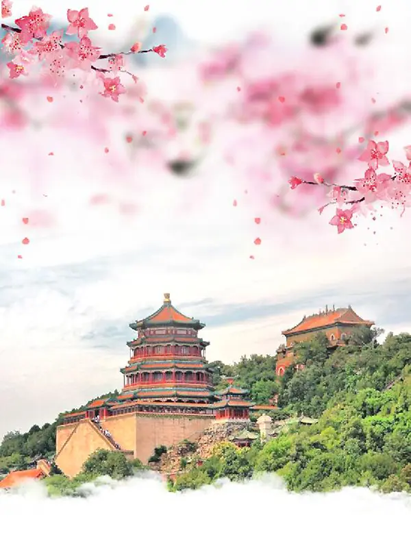 中式花卉古建北京旅游海报背景素材