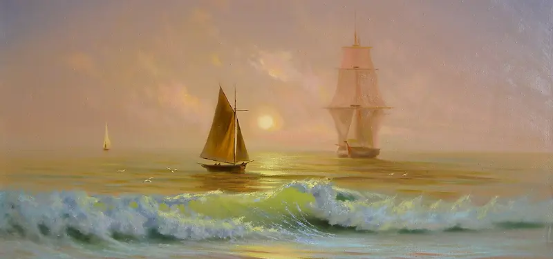 海上帆船油画