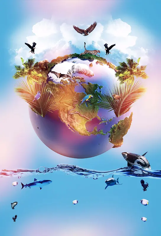 蓝色海洋地球创意地球日海报背景素材