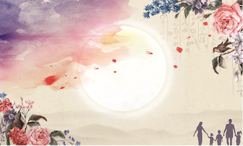 中国风水墨月亮与花卉背景素材