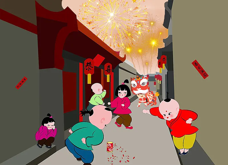 中国风春节孩童在弄堂里放鞭炮背景素材