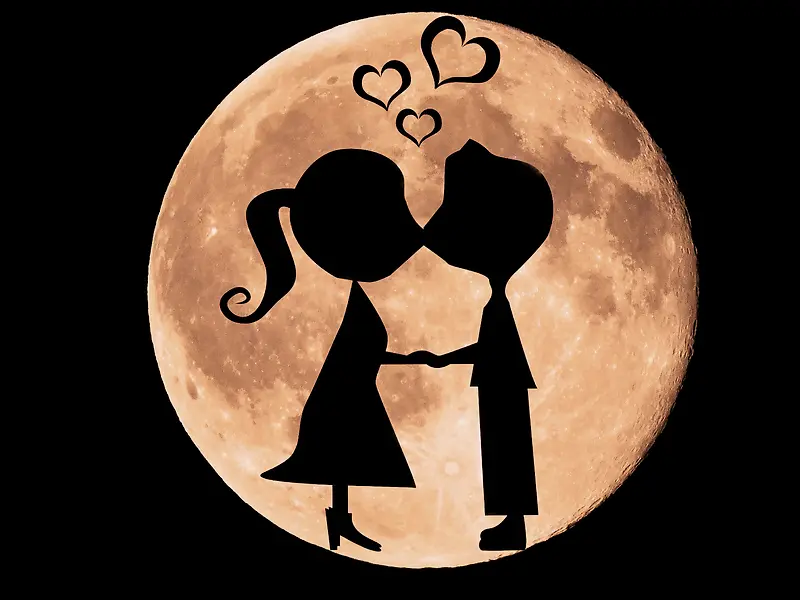 浪漫月光下的恋人接吻剪影背景素材
